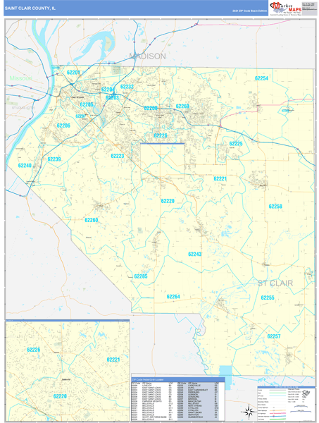 St. Clair County, IL Zip Code Wall Map Basic Style by MarketMAPS