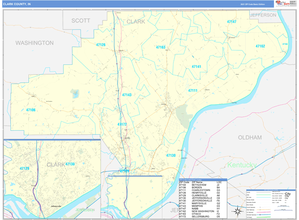 Clark County, IN Zip Code Wall Map Basic Style by MarketMAPS