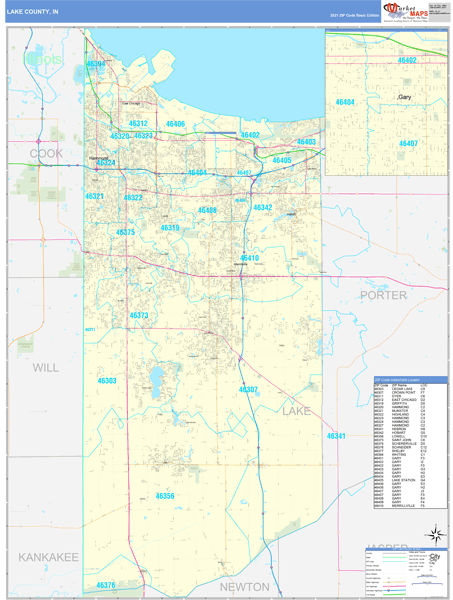 Lake County, IN Zip Code Wall Map Basic Style by MarketMAPS