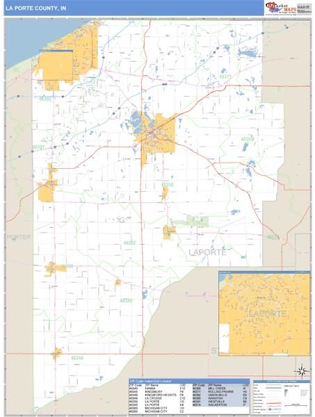 La Porte County, IN Zip Code Wall Map Basic Style by MarketMAPS