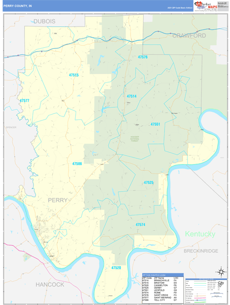 Perry County, IN Zip Code Wall Map Basic Style by MarketMAPS