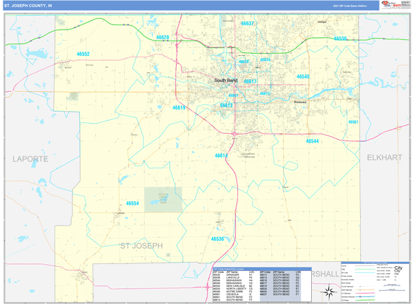 St. Joseph County, IN Zip Code Wall Map Basic Style by MarketMAPS