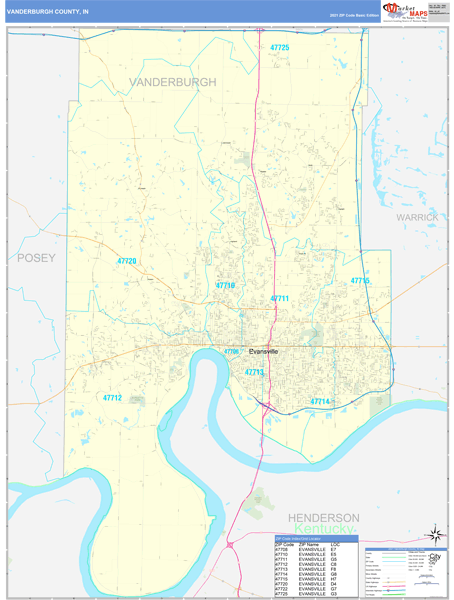 Vanderburgh County, IN Zip Code Wall Map Basic Style by MarketMAPS