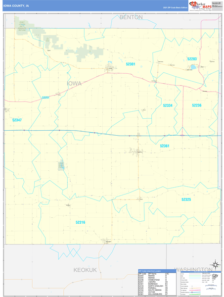 Iowa County, IA Zip Code Wall Map Basic Style by MarketMAPS