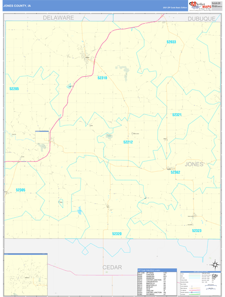 Jones County, IA Zip Code Wall Map Basic Style by MarketMAPS