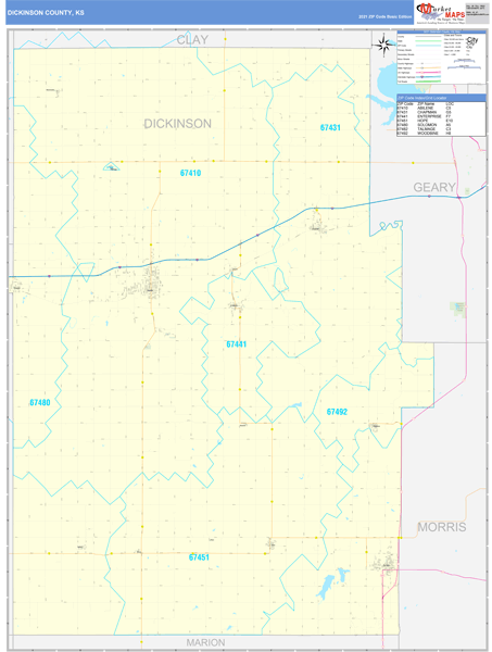 Dickinson County, KS Zip Code Wall Map Basic Style by MarketMAPS