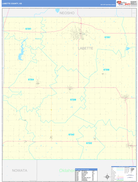 Labette County, KS Zip Code Wall Map Basic Style by MarketMAPS