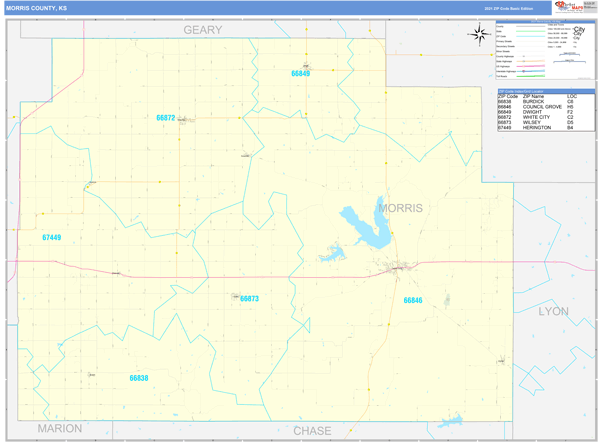 Morris County, KS Zip Code Wall Map Basic Style by MarketMAPS