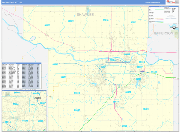 Shawnee County KS Zip Code Wall Map Basic Style by MarketMAPS