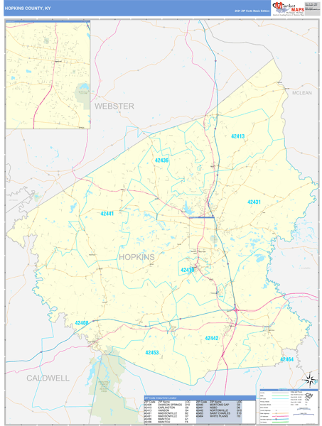 Hopkins County, KY Wall Map Basic Style by MarketMAPS