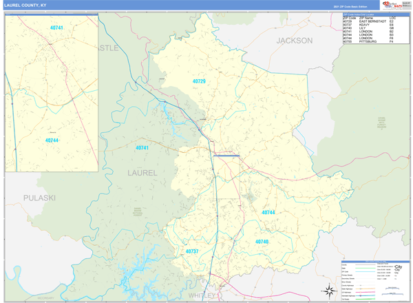 Laurel County, KY Zip Code Wall Map Basic Style by MarketMAPS