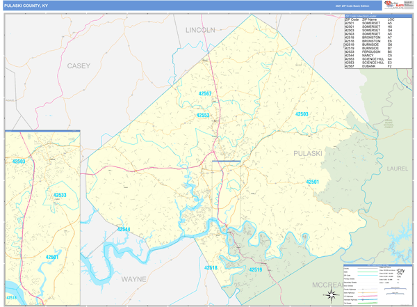 Pulaski County, KY Zip Code Wall Map Basic Style by MarketMAPS