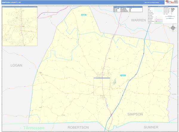 Simpson County, KY Wall Map Basic Style by MarketMAPS