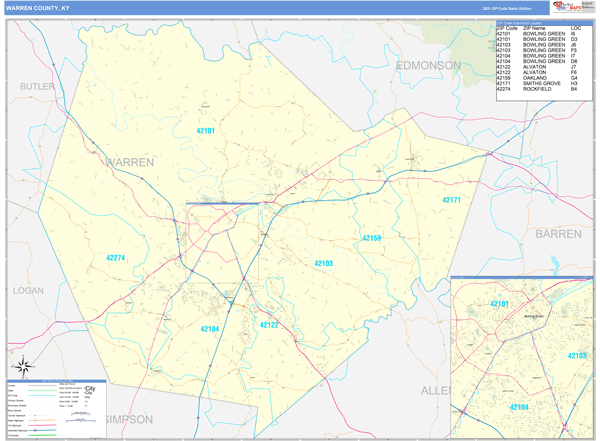 Warren County, KY Wall Map Basic Style by MarketMAPS