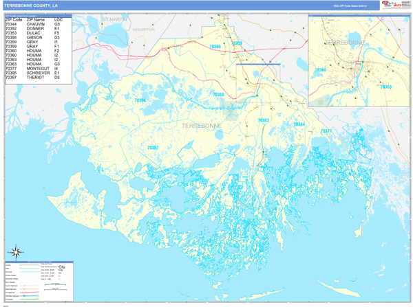 Terrebonne County, LA Wall Map Basic Style by MarketMAPS