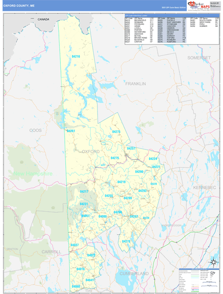 Oxford County, Me Zip Code Wall Map Basic Style By Marketmaps