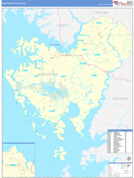 Dorchester County, MD Zip Code Wall Map Basic Style by MarketMAPS