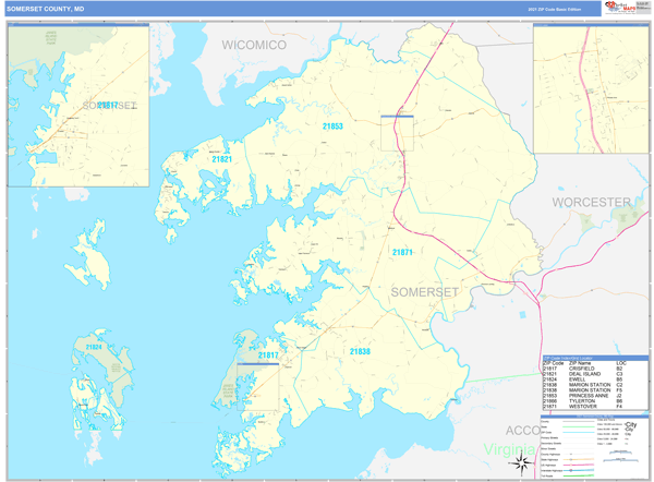 Somerset County, MD Zip Code Wall Map Basic Style by MarketMAPS