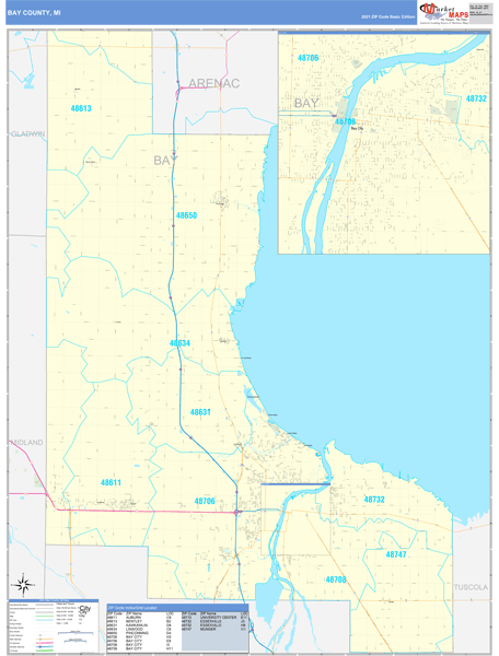 Bay County, MI Zip Code Wall Map Basic Style by MarketMAPS