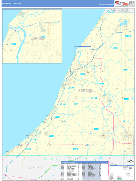 Berrien County, MI Zip Code Wall Map Basic Style by MarketMAPS