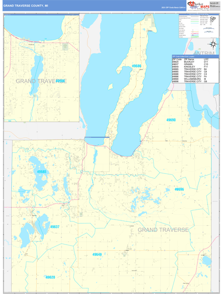 Grand Traverse County, MI Zip Code Wall Map Basic Style by MarketMAPS