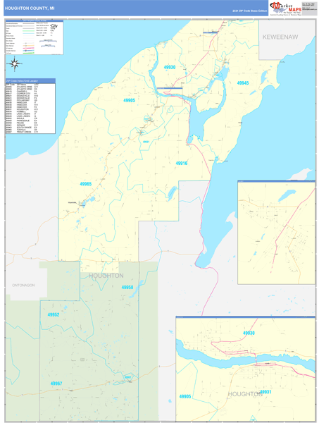 Houghton County, MI Zip Code Wall Map Basic Style by MarketMAPS