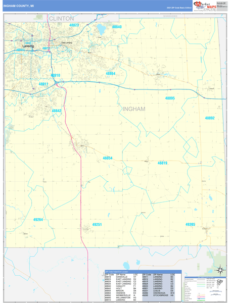 Ingham County, MI Zip Code Wall Map Basic Style by MarketMAPS