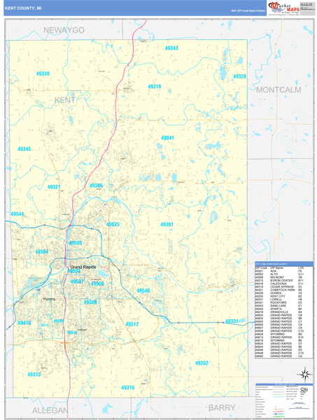 Kent County, MI Zip Code Wall Map Basic Style by MarketMAPS