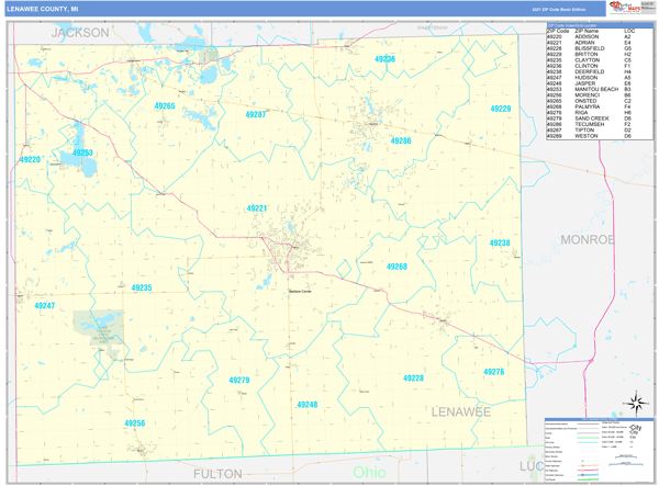 Lenawee County, MI Zip Code Wall Map Basic Style by MarketMAPS