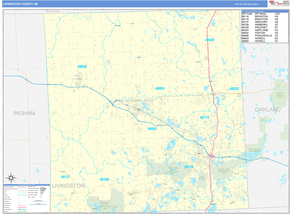 Livingston County, MI Zip Code Wall Map Basic Style by MarketMAPS