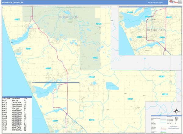 Muskegon County MI Zip Code Wall Map Basic Style By MarketMAPS   26121 