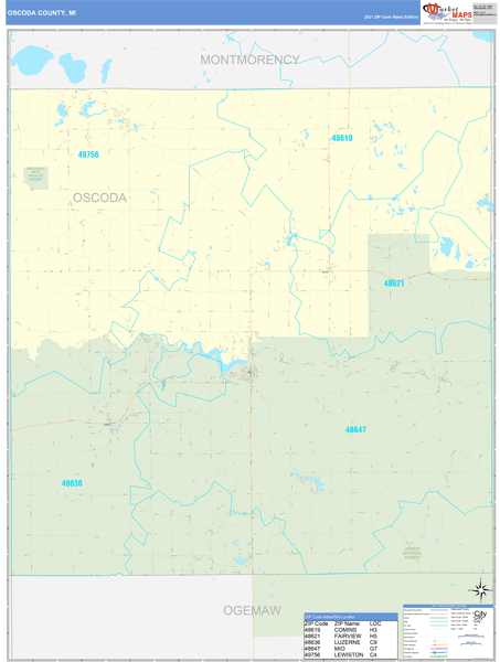 Oscoda County, MI Zip Code Wall Map Basic Style by MarketMAPS