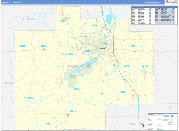 Saginaw County, MI Zip Code Wall Map Basic Style by MarketMAPS