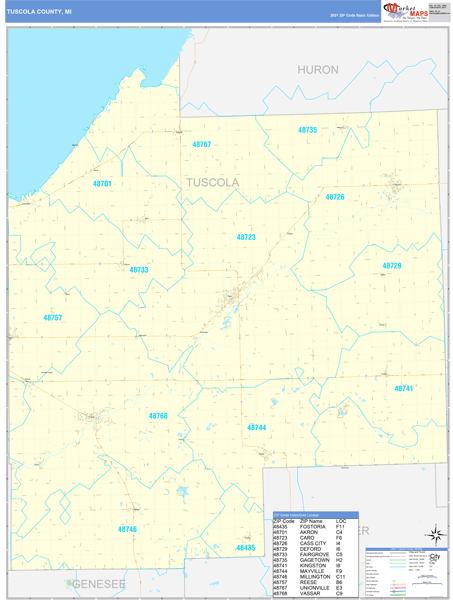 Tuscola County Mi Zip Code Wall Map Basic Style By Marketmaps 1269