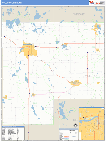 McLeod County, MN Zip Code Wall Map Basic Style by MarketMAPS