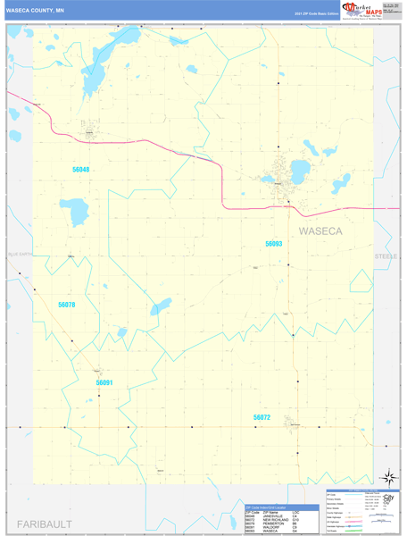 Waseca County, MN Zip Code Wall Map Basic Style by MarketMAPS