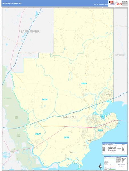 Hancock County, MS Zip Code Wall Map Basic Style by MarketMAPS