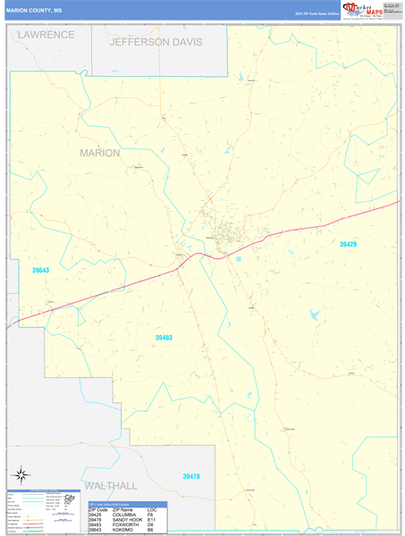 Marion County, MS Wall Map Basic Style By MarketMAPS