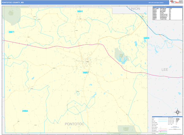 Pontotoc County, MS Wall Map Basic Style by MarketMAPS