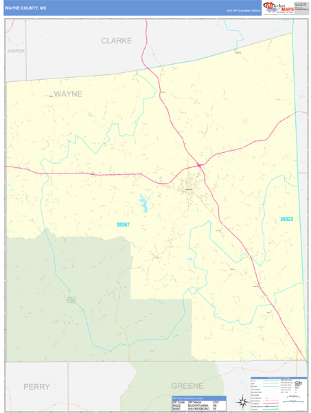 Wayne County, MS Zip Code Wall Map Basic Style by MarketMAPS