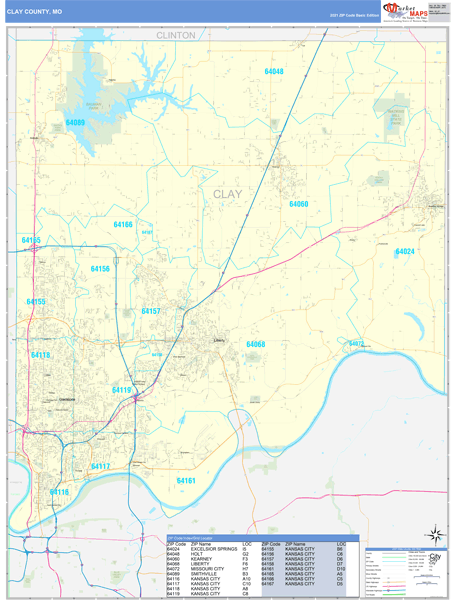 Clay County, MO Zip Code Wall Map Basic Style by MarketMAPS