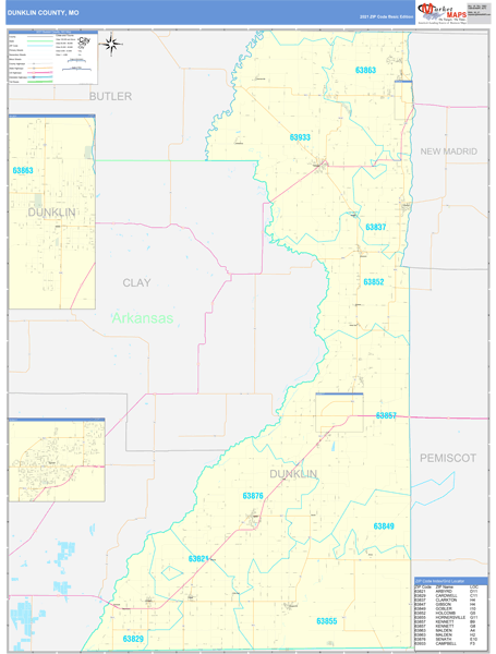 Dunklin County, MO Wall Map Basic Style by MarketMAPS