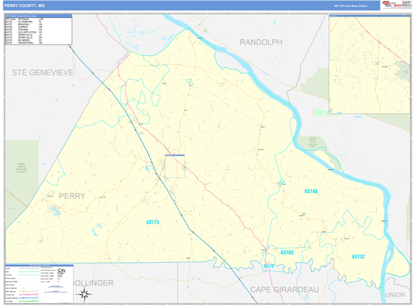 Perry County, MO Zip Code Wall Map Basic Style by MarketMAPS