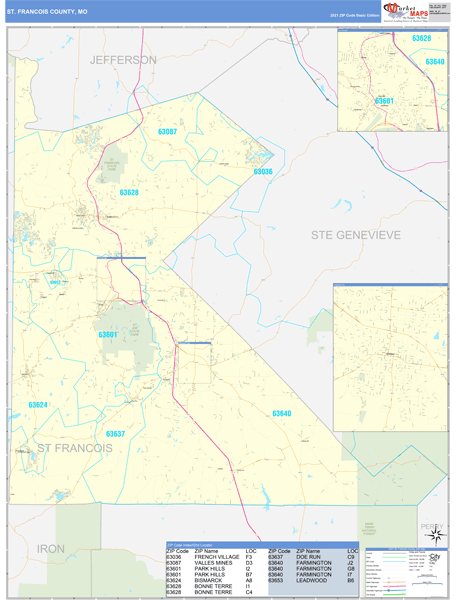 St. Francois County, MO Zip Code Wall Map Basic Style by MarketMAPS