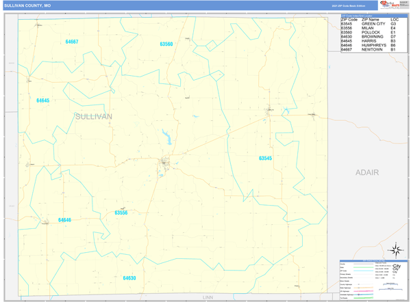 Sullivan County, MO Wall Map Basic Style by MarketMAPS