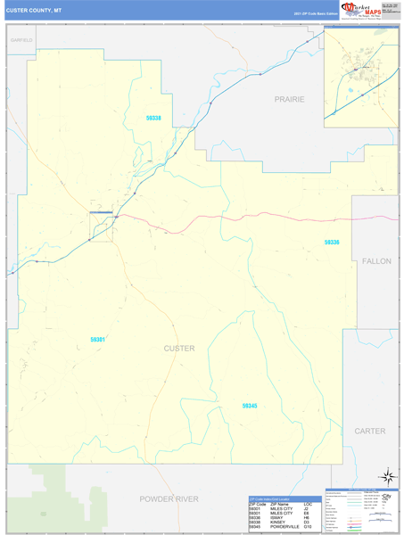 Custer County, MT Wall Map Basic Style by MarketMAPS