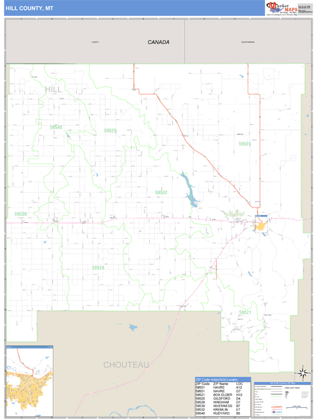 Hill County, MT Zip Code Wall Map Basic Style by MarketMAPS