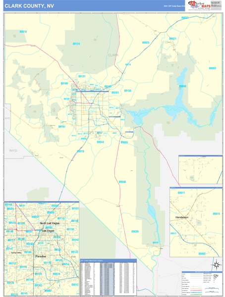 Clark County, NV Zip Code Wall Map Basic Style by MarketMAPS