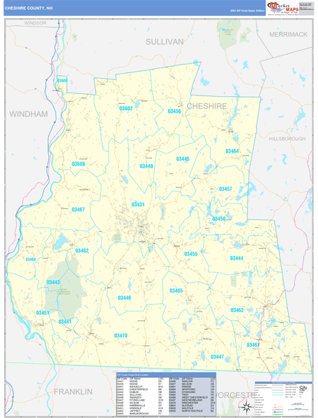 Cheshire County, NH Wall Map Basic Style by MarketMAPS