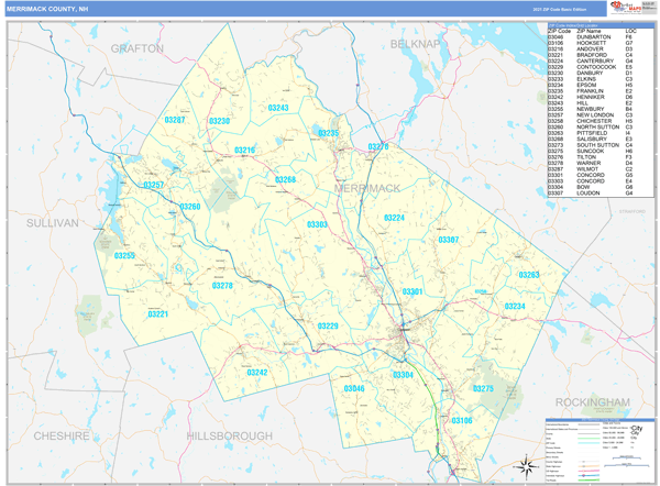 Merrimack County, NH Wall Map Basic Style by MarketMAPS